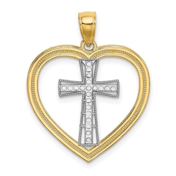 14k Yellow Gold & White Rhodium Heart W/White Cross In Center Charm,All Products : American Fashion Style Bags On Sale